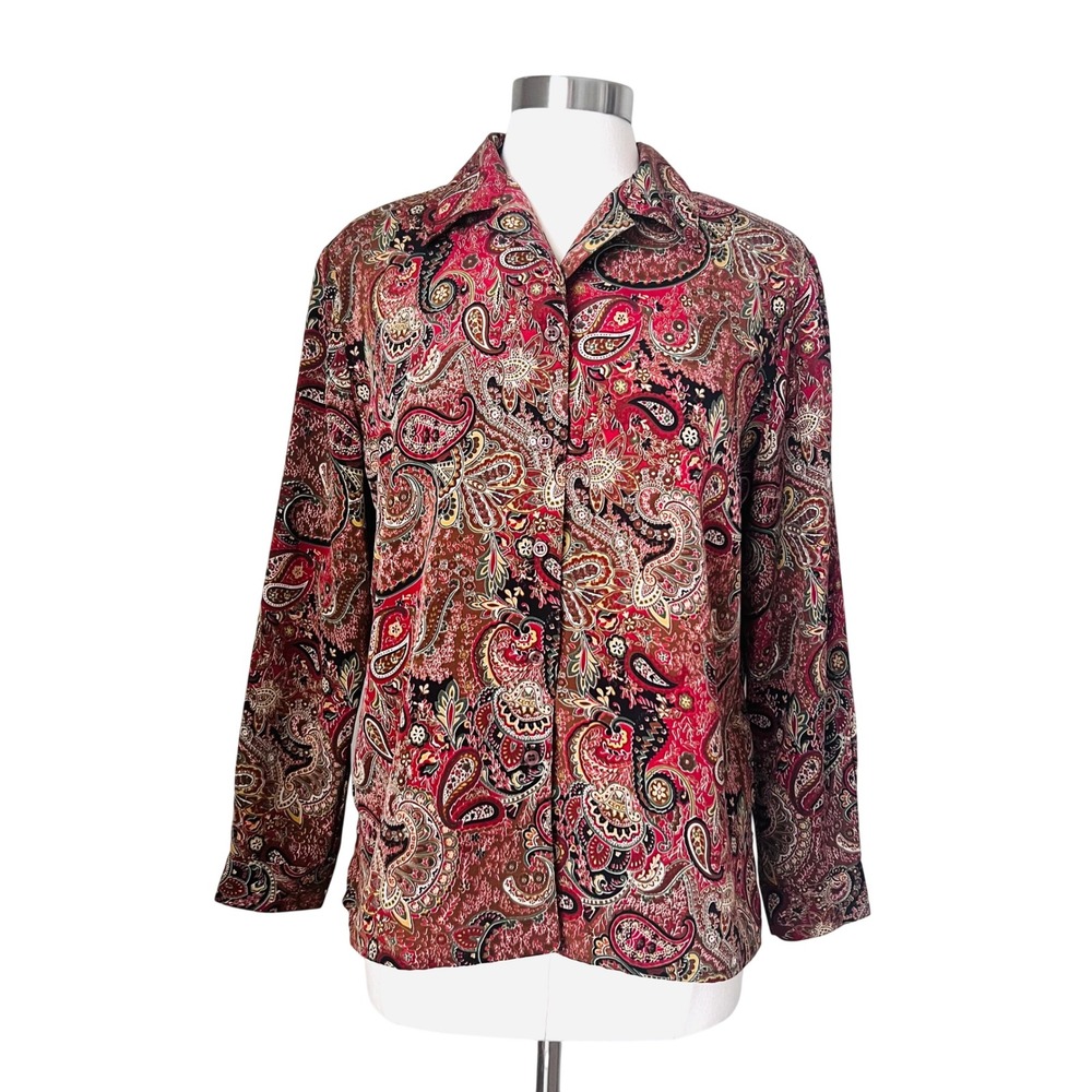 Vintage‎ Womens Paisley Button Up Blouse Long Sleeve Burgundy Brown Size Large